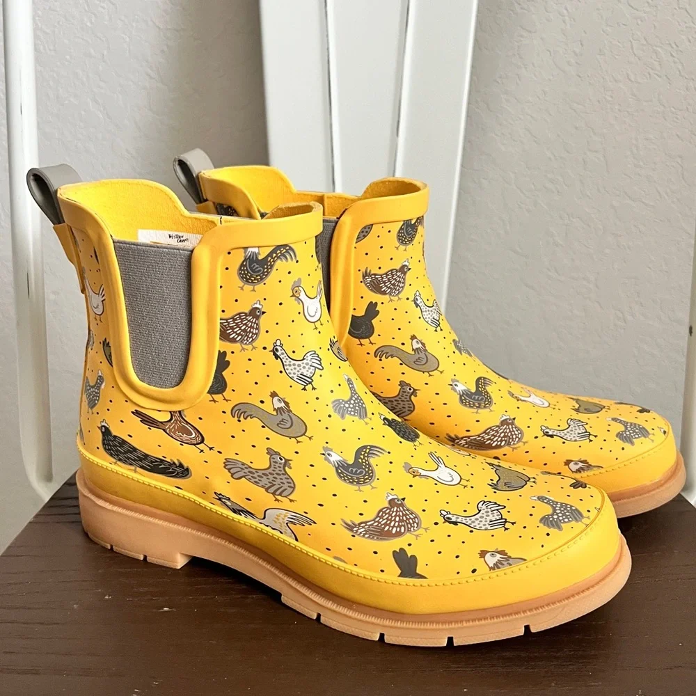 Western Chief Hen Frenzy Yellow Chelsea Rain Boots Chickens Hens 7